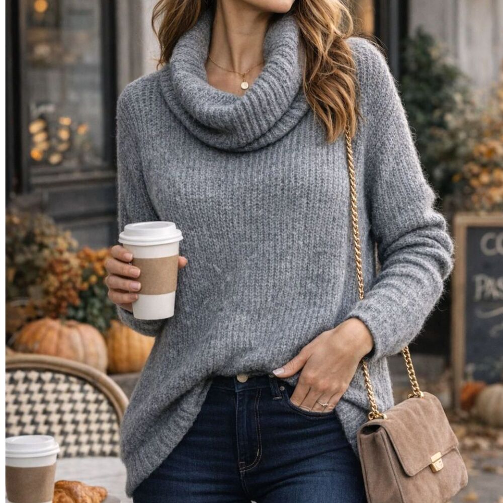 BCBGeneration Gray Chunky Knit Cowl Neck Sweater Size M